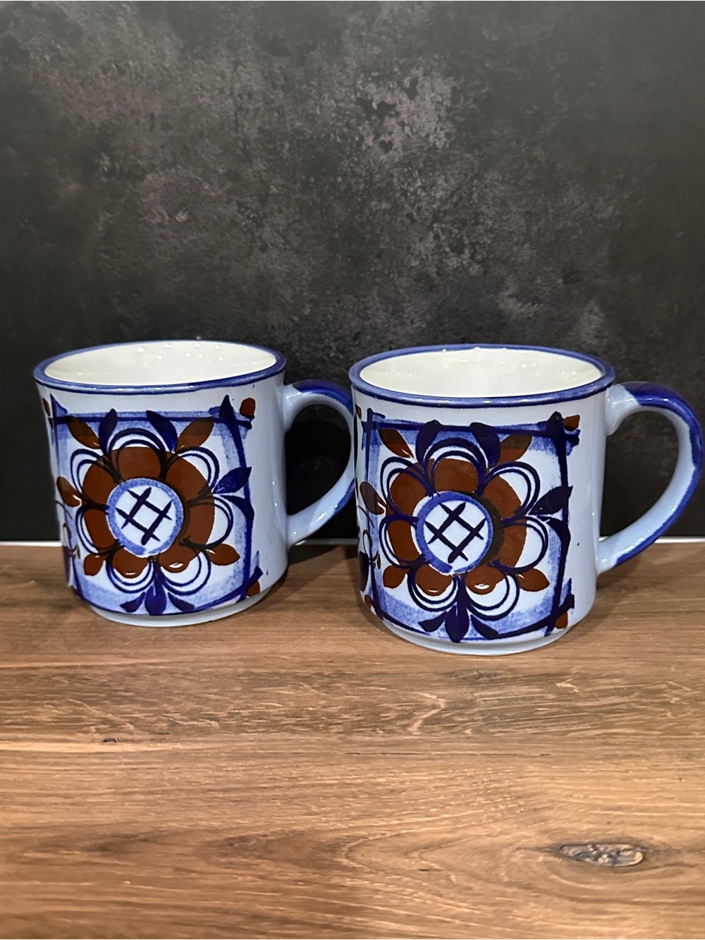 Set Of 2 Otagiri Japan Blue Brown Floral Coffee Cups Tea Mugs Vintage